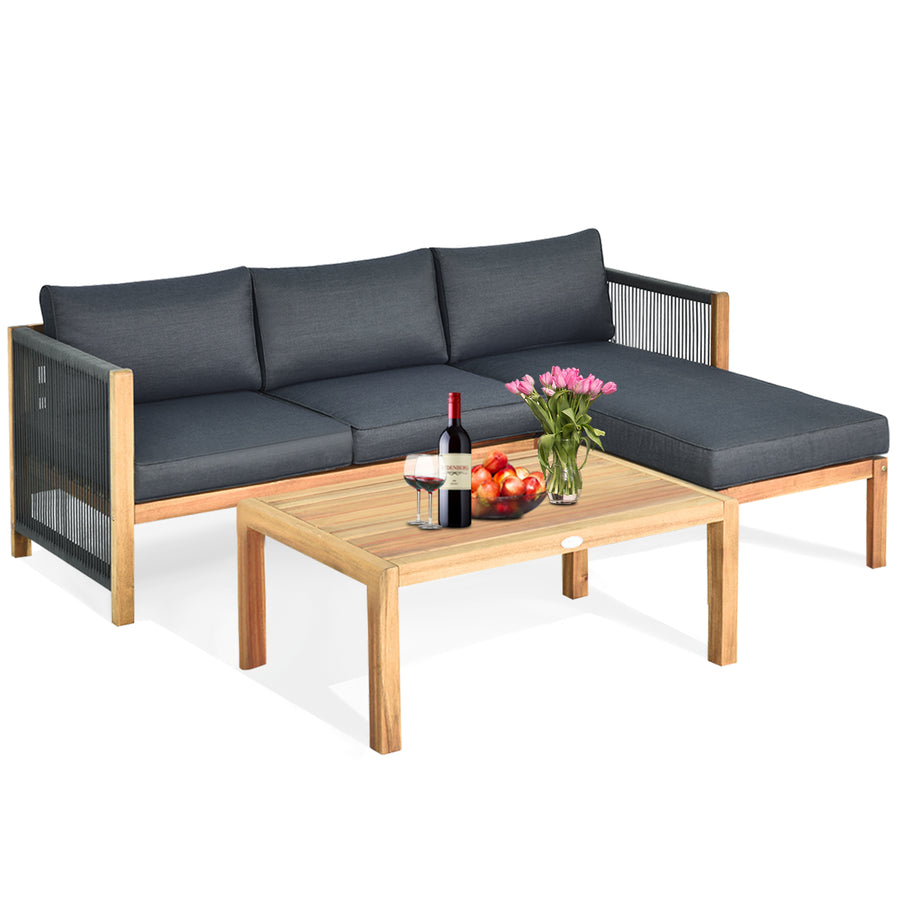 3PCS Patio Sofa Furniture Set Thick Cushion Acacia Wood Image 1