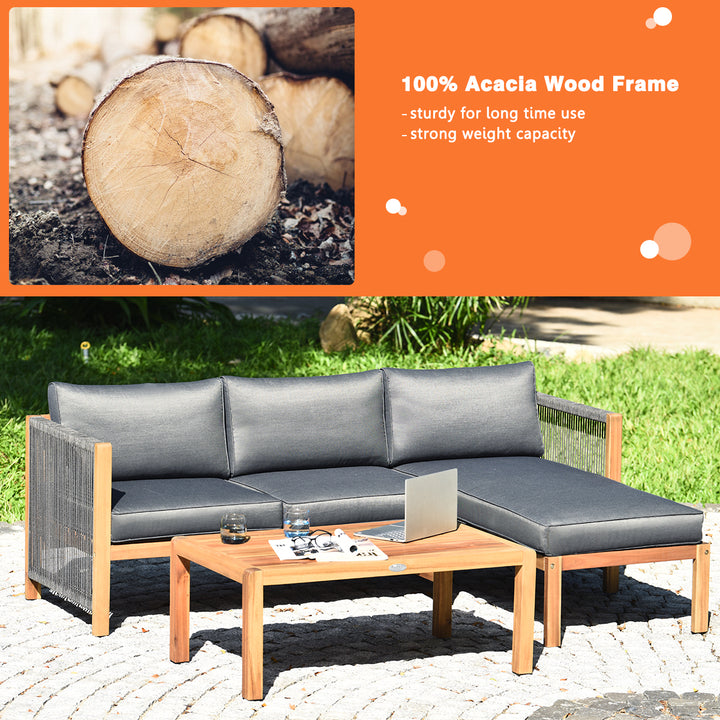 3PCS Patio Sofa Furniture Set Thick Cushion Acacia Wood Image 5