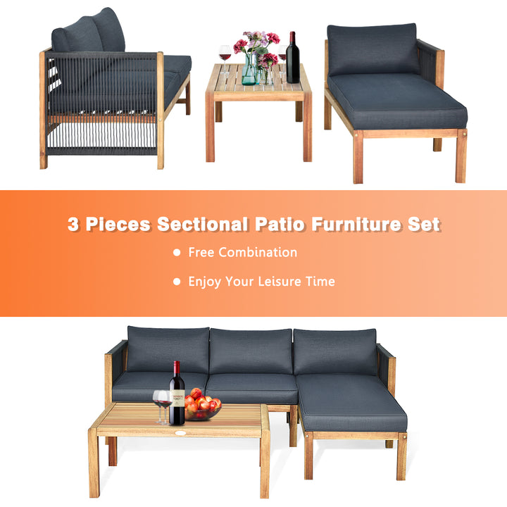 3PCS Patio Sofa Furniture Set Thick Cushion Acacia Wood Image 6