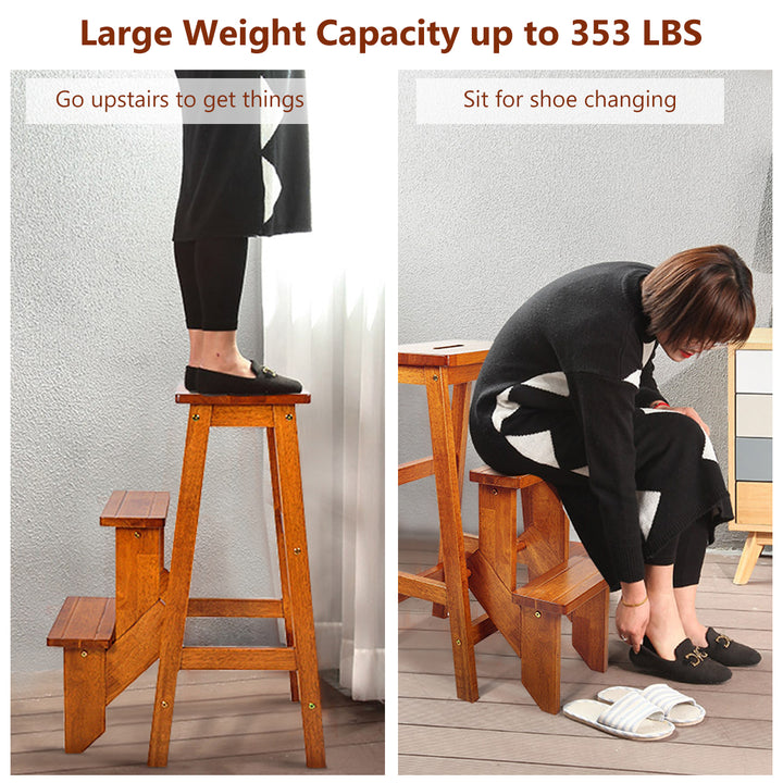 Costway 3 Tier Step Stool 3 in 1 Folding Ladder Bench Storage Shelf Multi-function CoffeBrown Image 5