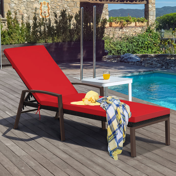 Patio Rattan Lounge Chair Chaise Recliner Back Adjustable Cushioned Outdoor Red Image 1