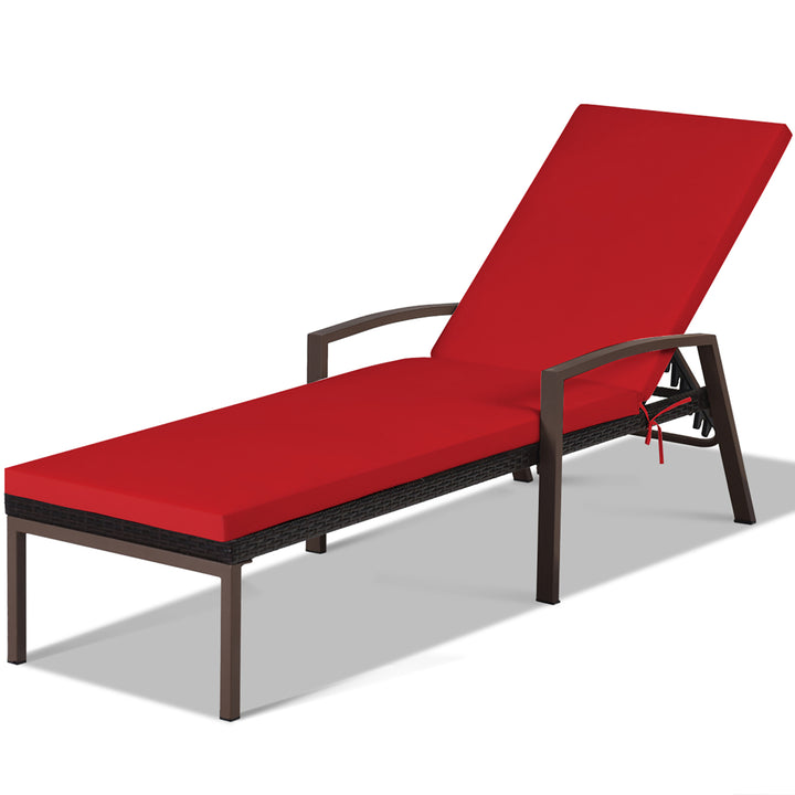 Patio Rattan Lounge Chair Chaise Recliner Back Adjustable Cushioned Outdoor Red Image 7