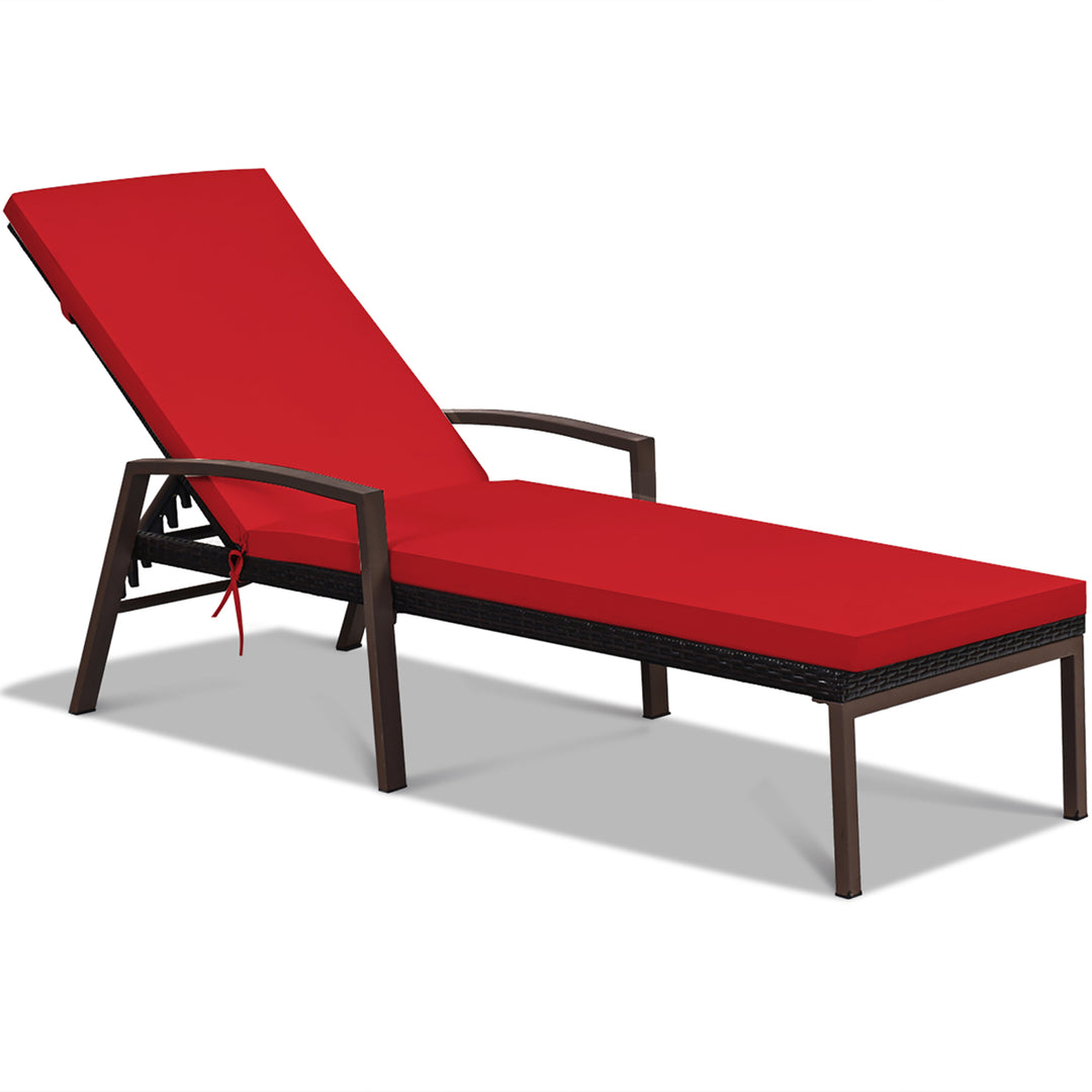 Patio Rattan Lounge Chair Chaise Recliner Back Adjustable Cushioned Outdoor Red Image 8