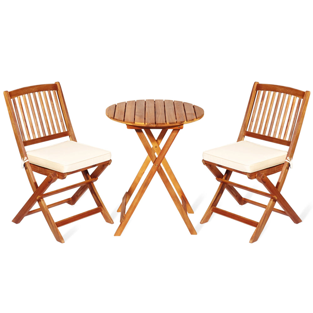 3PCS Folding Acacia Wood Bistro Set Patio Conversation Set w/ Cushions Image 2