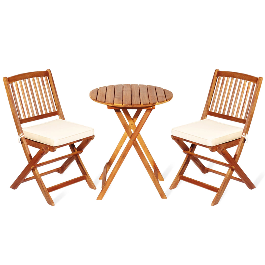 3PCS Folding Acacia Wood Bistro Set Patio Conversation Set w/ Cushions Image 2