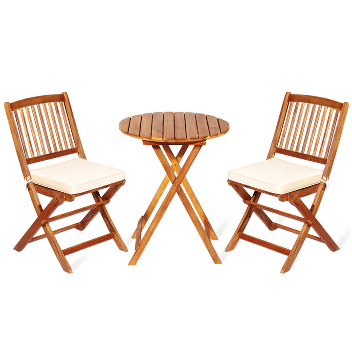 3PCS Folding Acacia Wood Bistro Set Patio Conversation Set w/ Cushions Image 2