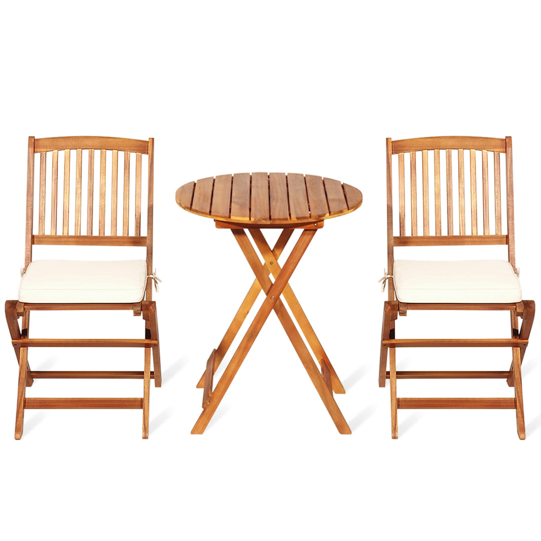 3PCS Folding Acacia Wood Bistro Set Patio Conversation Set w/ Cushions Image 5