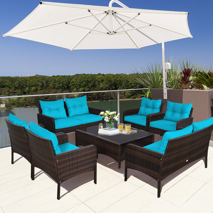 8PCS Rattan Patio Conversation Set Outdoor Furniture Set Cushioned Image 1