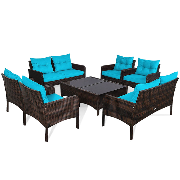 8PCS Rattan Patio Conversation Set Outdoor Furniture Set Cushioned Image 4