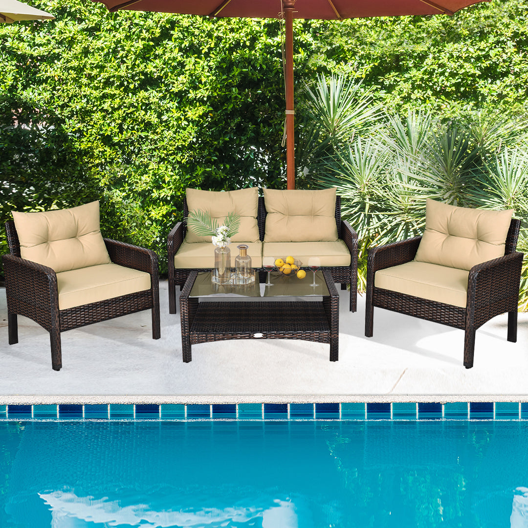 4PCS Rattan Wicker Patio Conversation Set Cushioned Outdoor Furniture Set Image 1