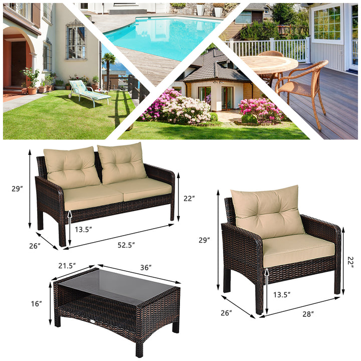 4PCS Rattan Wicker Patio Conversation Set Cushioned Outdoor Furniture Set Image 3