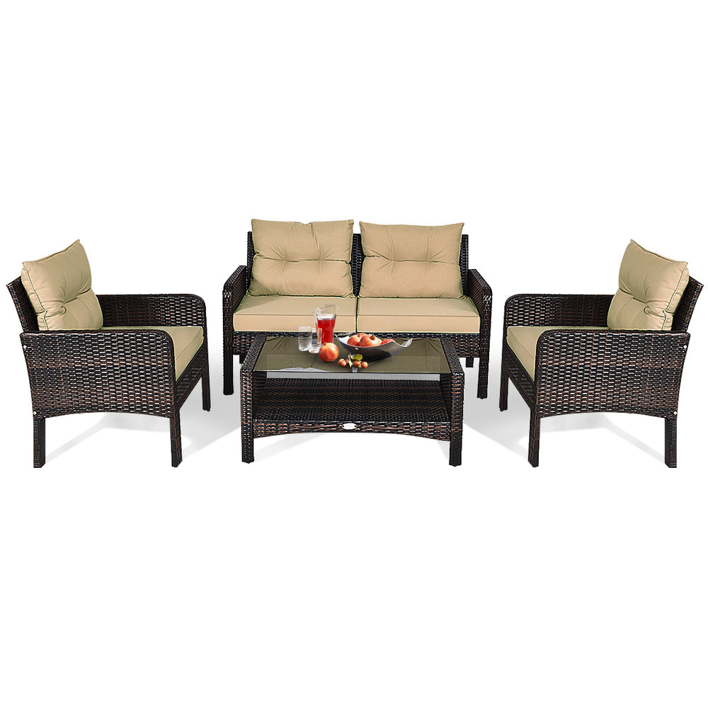 4PCS Rattan Wicker Patio Conversation Set Cushioned Outdoor Furniture Set Image 2