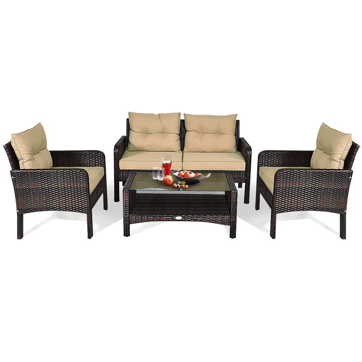 4PCS Rattan Wicker Patio Conversation Set Cushioned Outdoor Furniture Set Image 2