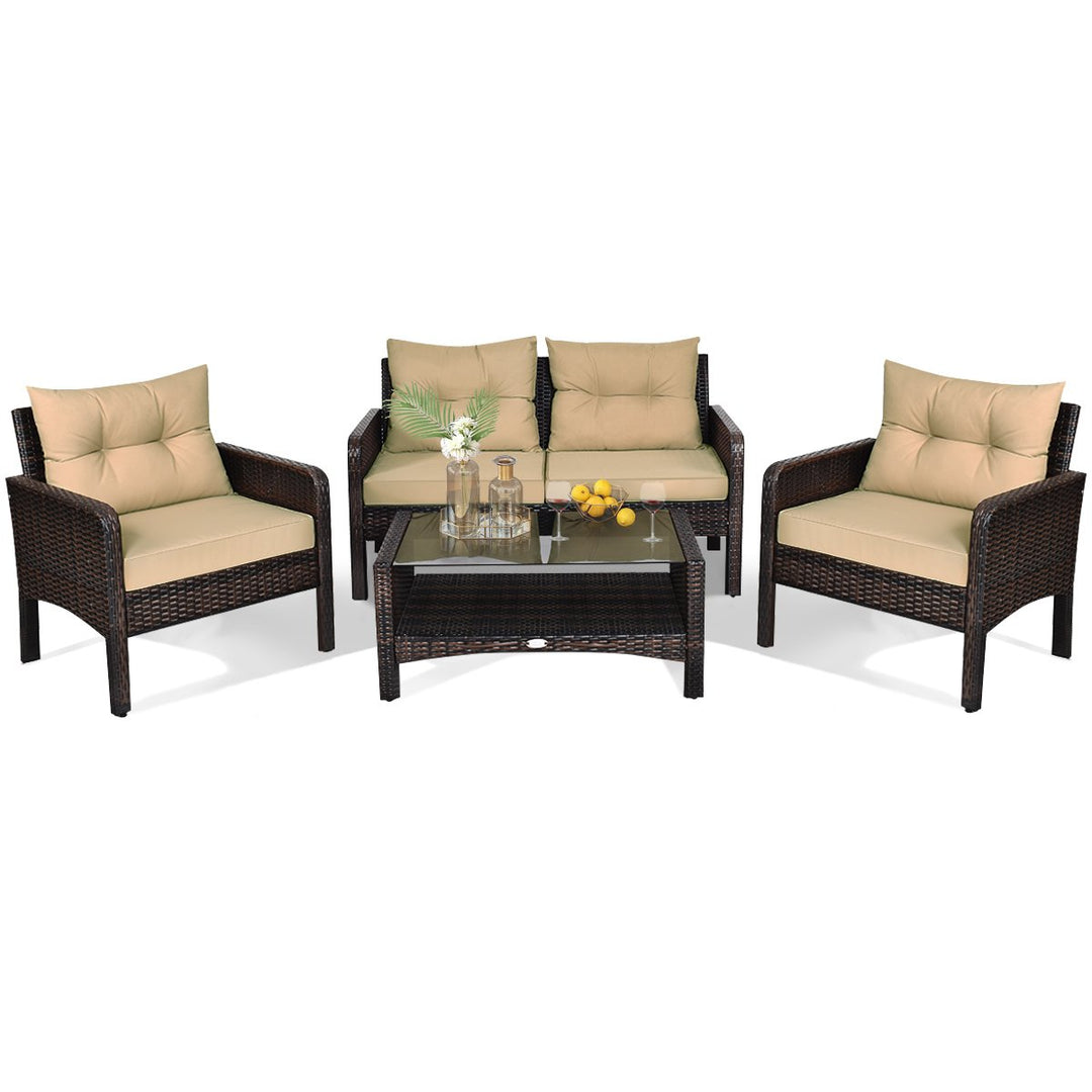 4PCS Rattan Wicker Patio Conversation Set Cushioned Outdoor Furniture Set Image 6