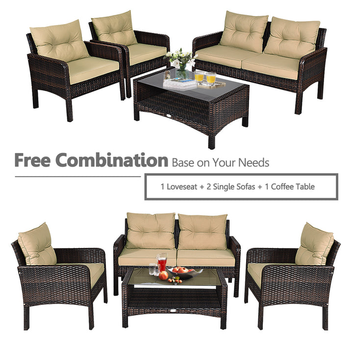 4PCS Rattan Wicker Patio Conversation Set Cushioned Outdoor Furniture Set Image 7