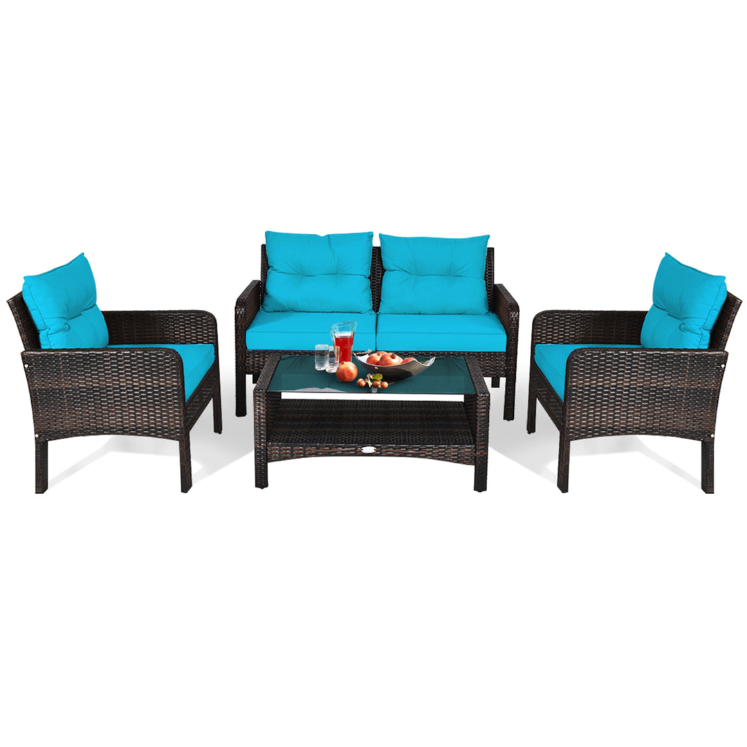 4PCS Rattan Patio Furniture Conversation Set Cushioned Outdoor Furniture Set Image 4