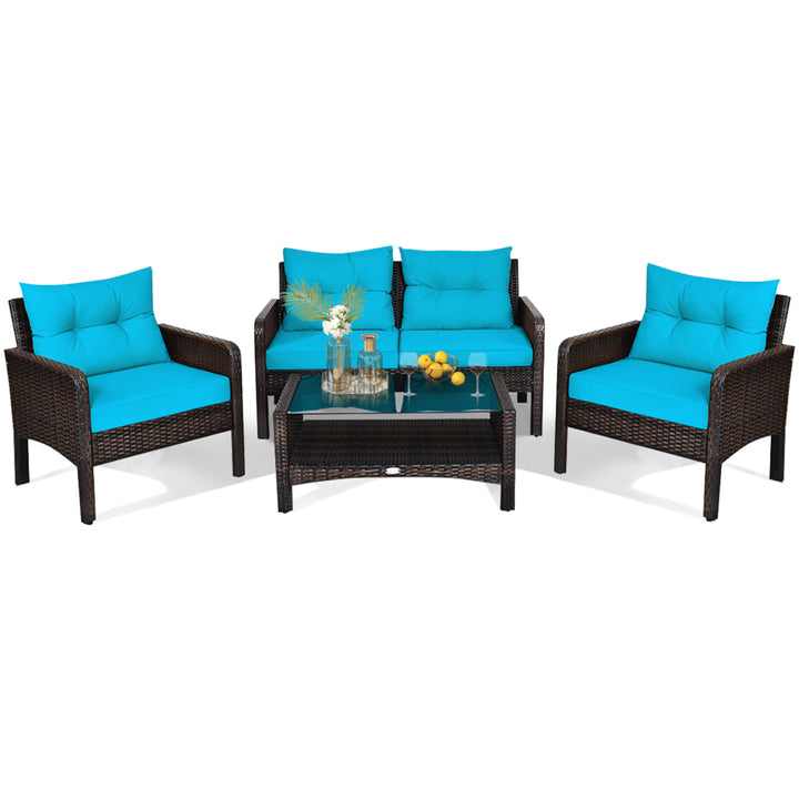 4PCS Rattan Patio Furniture Conversation Set Cushioned Outdoor Furniture Set Image 2