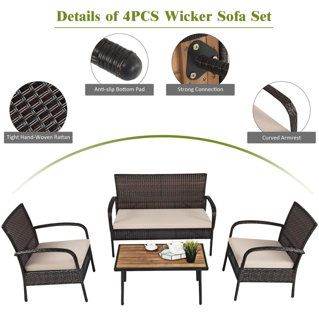 4PCS Rattan Patio Conversation Set Outdoor Furniture Set Cushioned Image 10