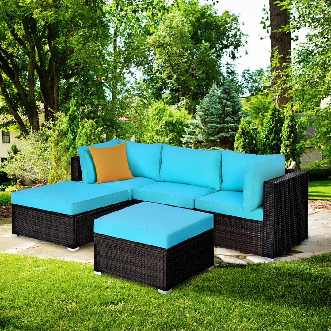 5PCS Cushioned Rattan Patio Conversation Set Outdoor Furniture Set w/ Ottoman Image 1