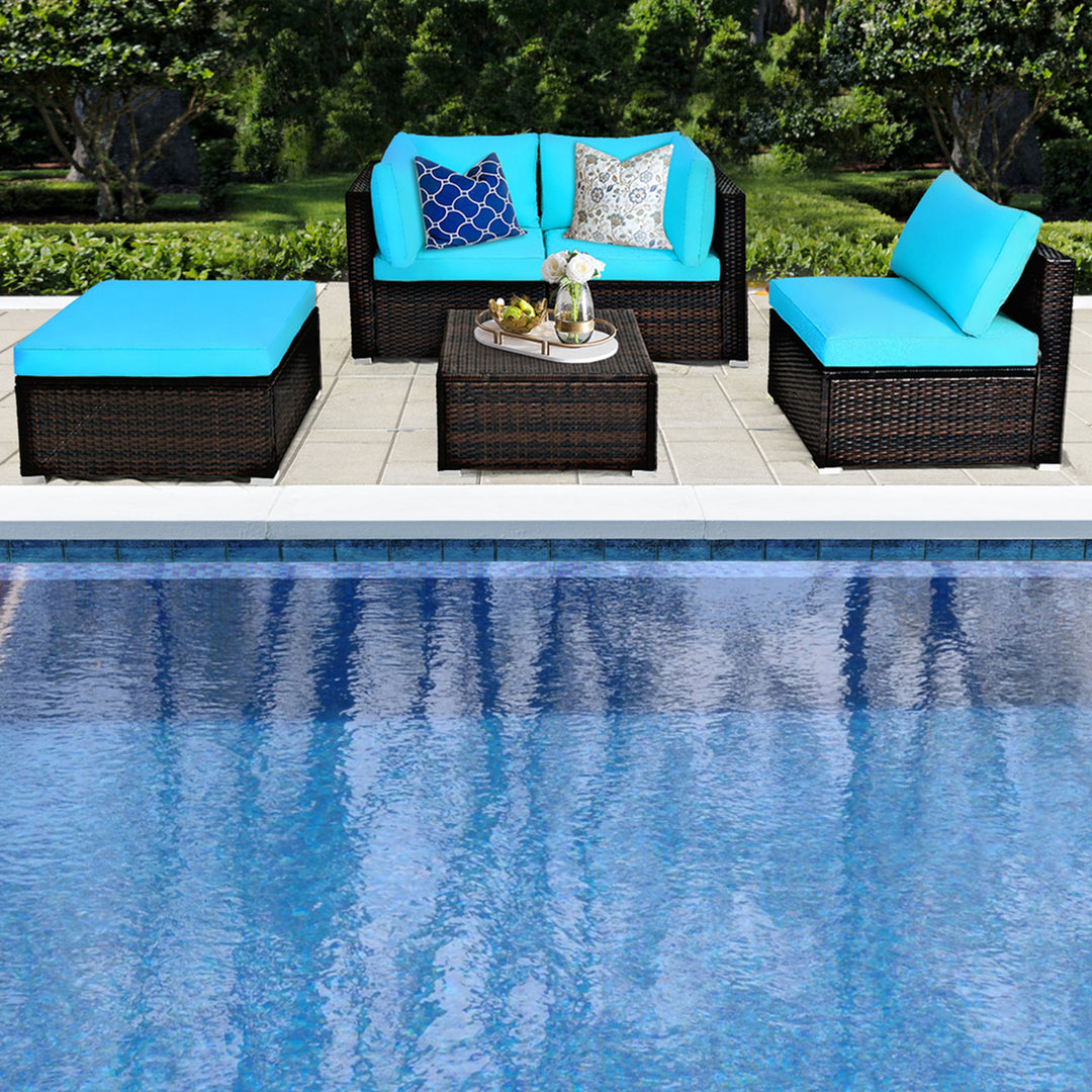 5PCS Cushioned Rattan Patio Conversation Set Outdoor Furniture Set w/ Ottoman Image 3