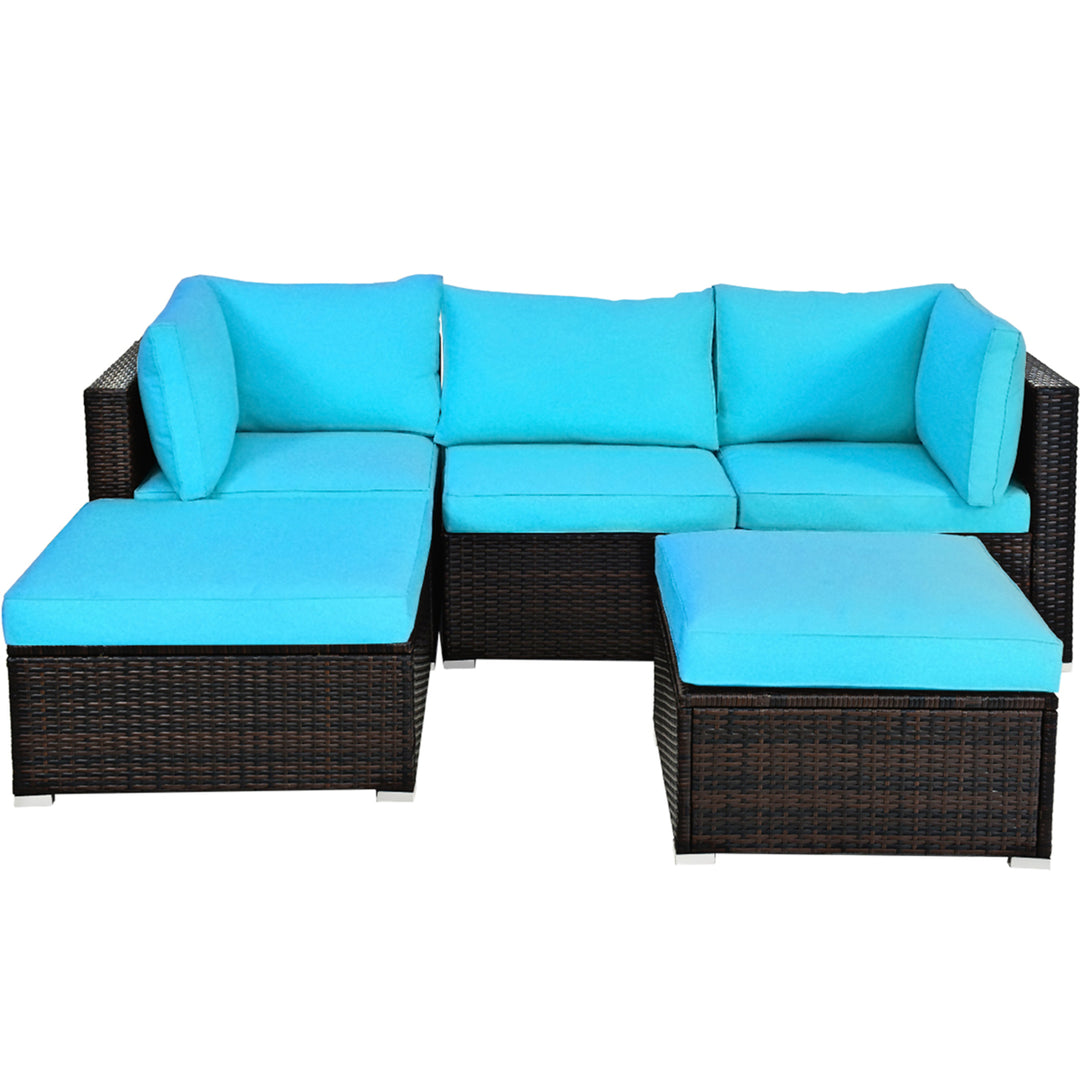 5PCS Cushioned Rattan Patio Conversation Set Outdoor Furniture Set w/ Ottoman Image 5