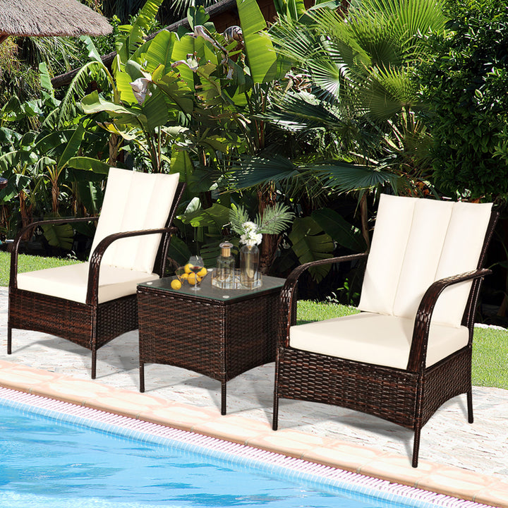 3PCS Patio Outdoor Rattan Conversation Set Furniture Set w/ Table Cushions Image 3