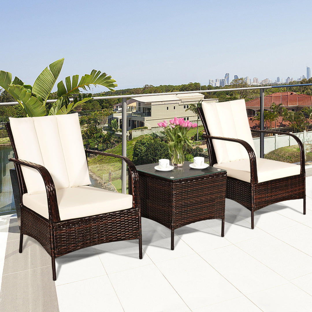 3PCS Patio Outdoor Rattan Conversation Set Furniture Set w/ Table Cushions Image 4