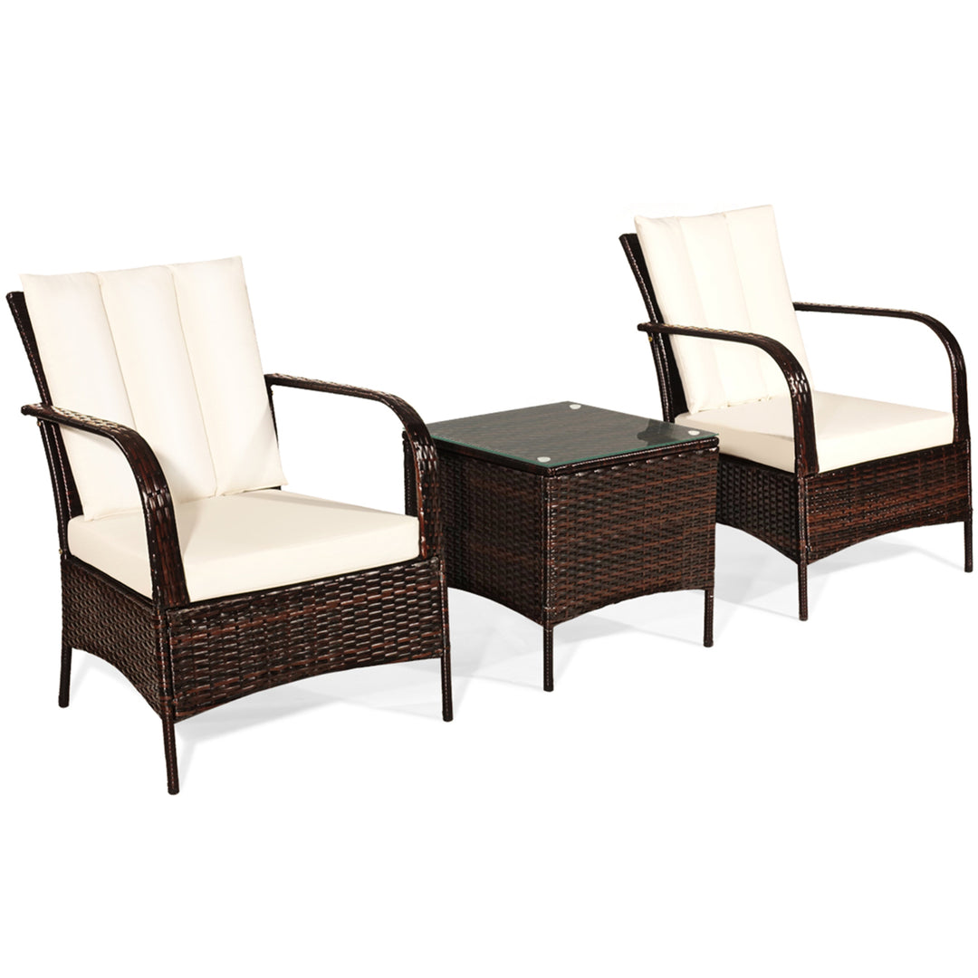 3PCS Patio Outdoor Rattan Conversation Set Furniture Set w/ Table Cushions Image 2