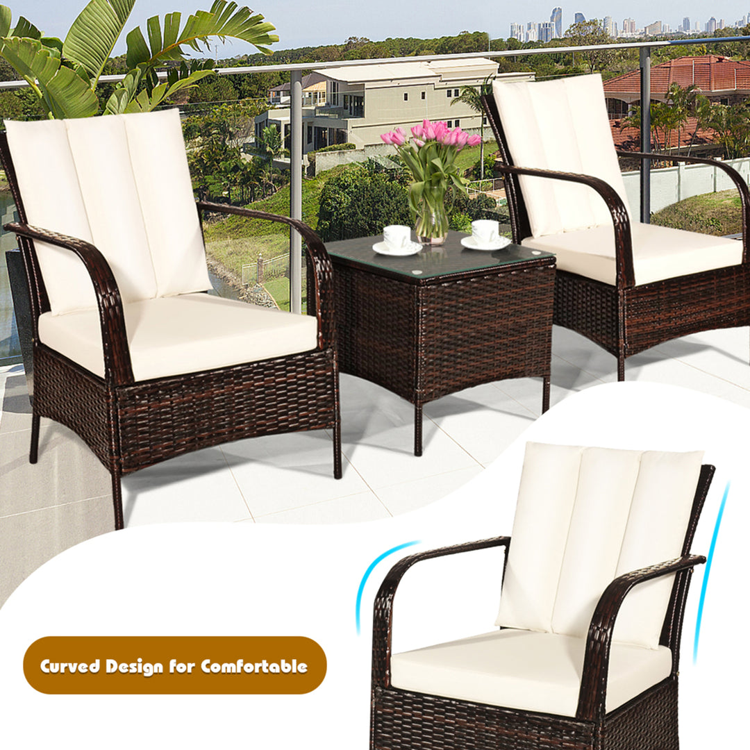 3PCS Patio Outdoor Rattan Conversation Set Furniture Set w/ Table Cushions Image 7