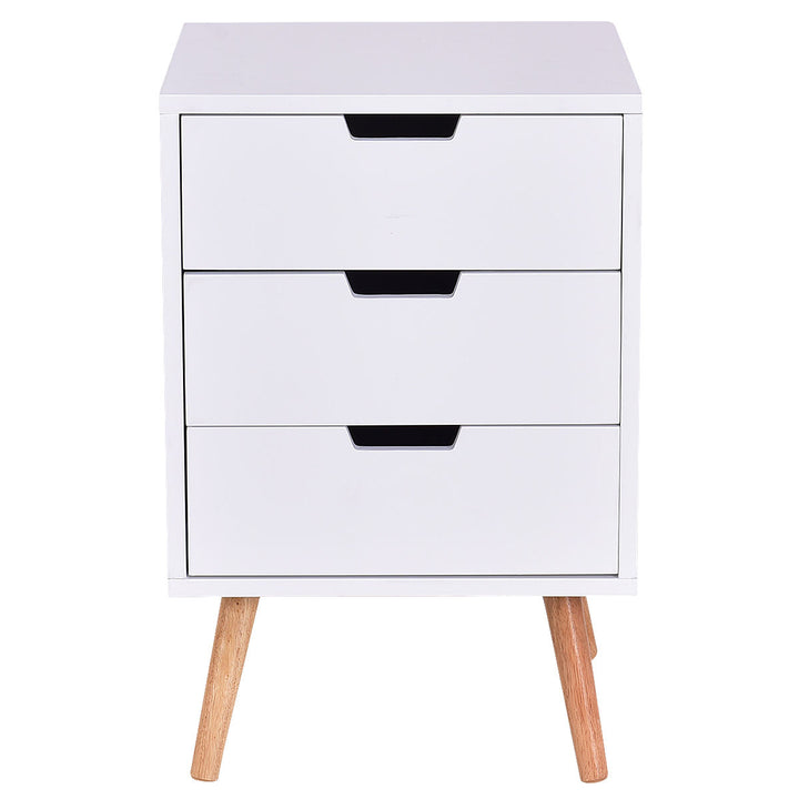 White Side End Table Nightstand w/ 3 Drawers Mid-Century Accent Wood Furniture Image 1