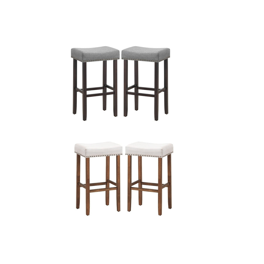 Costway Set of 2 Nailhead Saddle Bar Stools 29.5 Height w/ Fabric Seat and Wood Legs GrayBeige Image 1