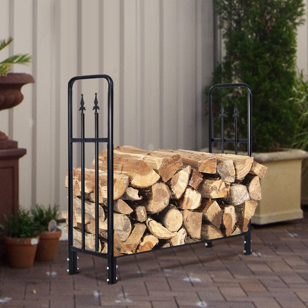 4 Feet Outdoor Heavy Duty Steel Firewood Log Rack Wood Storage Holder Black Image 6