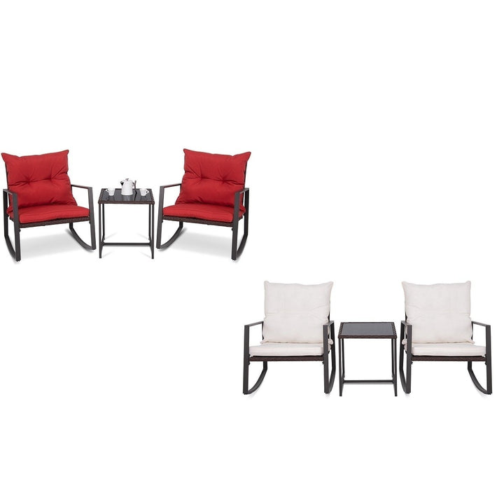 Costway 3-Piece Patio Wicker Bistro Furniture Set w/ 2 Rocking Chairs, Glass Side Table, Cushions Red/Beige Image 1