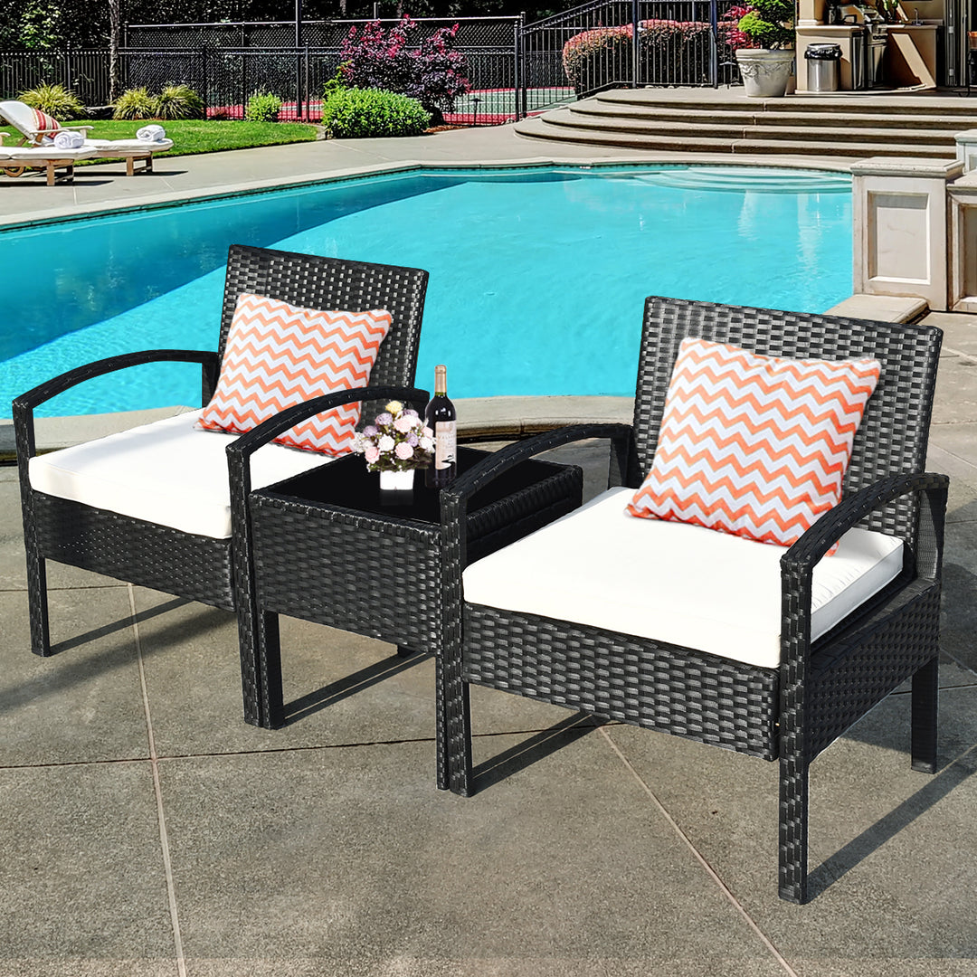 3PCS Patio Rattan Furniture Set Table and Chairs Set with Thick Cushions Garden Image 1