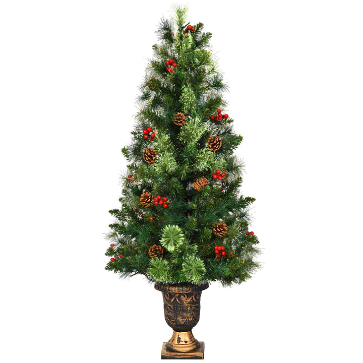 3ft Pre-Lit Christmas Entrance Tree In Urn w/ 40 LED Light Red Berries Pine Cone Image 1