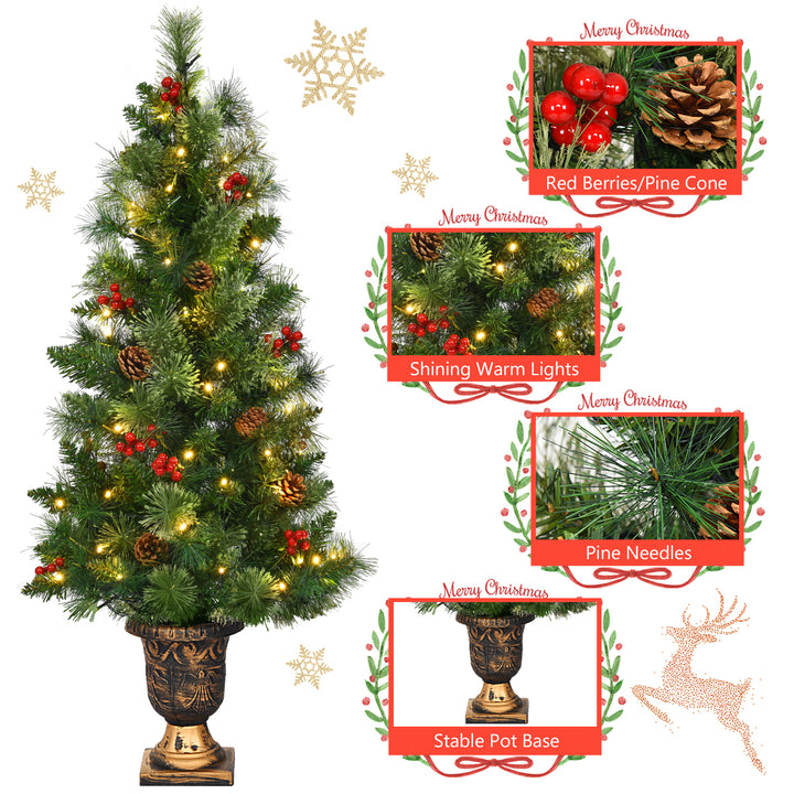 3ft Pre-Lit Christmas Entrance Tree In Urn w/ 40 LED Light Red Berries Pine Cone Image 7