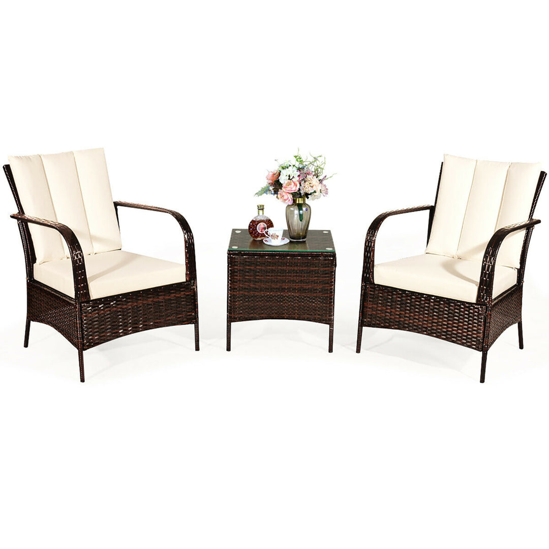 Costway 3 PCS Patio Rattan Furniture Set Coffee Table and 2 Rattan Chair Image 2