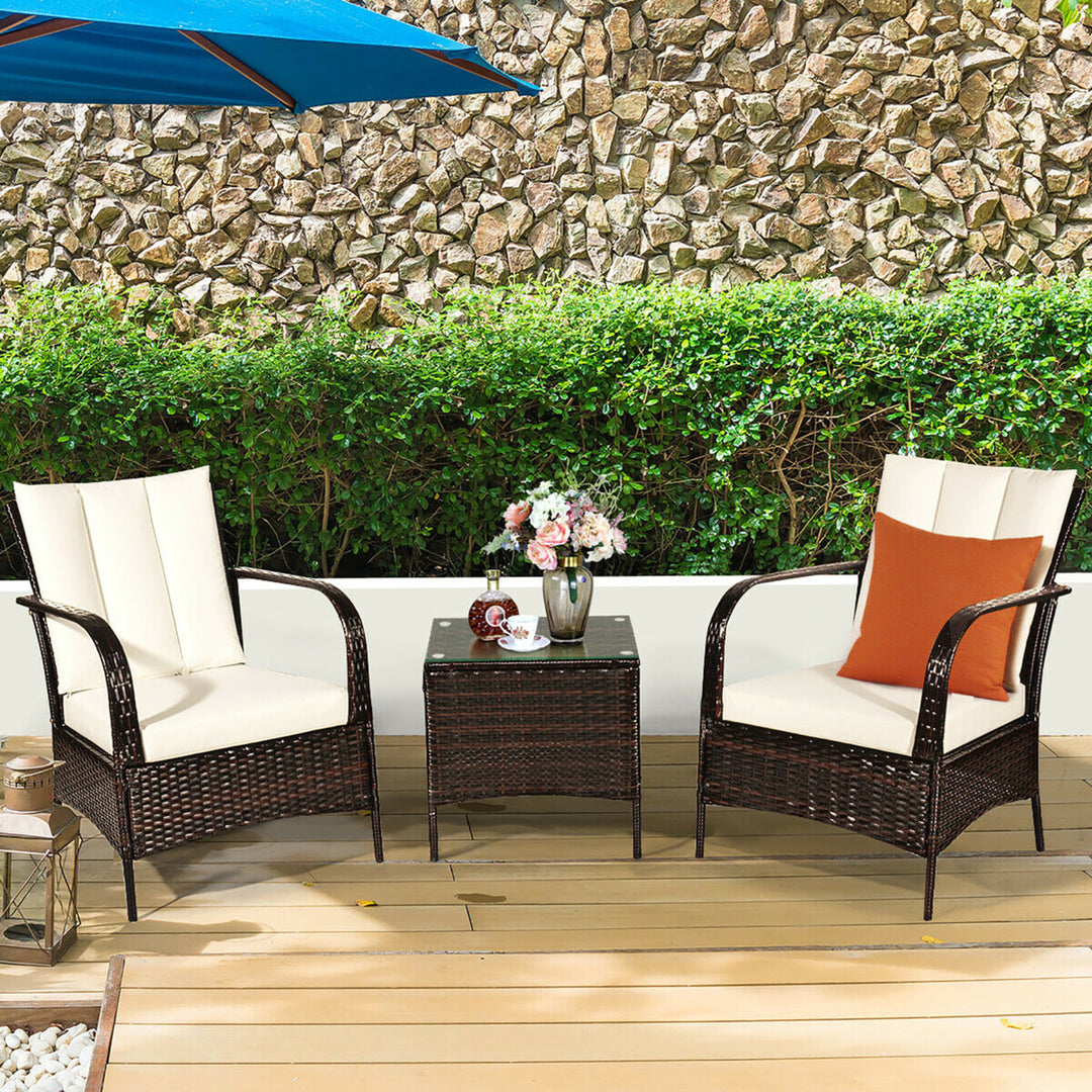 Costway 3 PCS Patio Rattan Furniture Set Coffee Table and 2 Rattan Chair Image 4