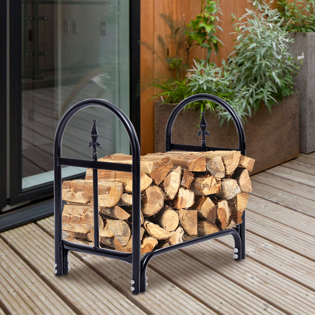 2 Feet Outdoor Heavy Duty Steel Firewood Log Rack Wood Storage Holder Black Image 8