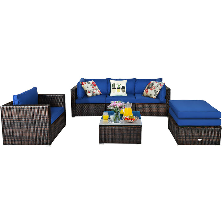 6PCS Patio Rattan Furniture Set Sectional Cushion Sofa Image 2