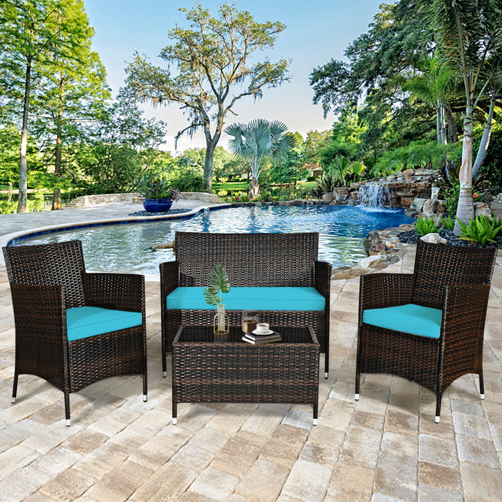 4PCS Patio Rattan Conversation Furniture Set Outdoor w/ Turquoise Cushion Image 4