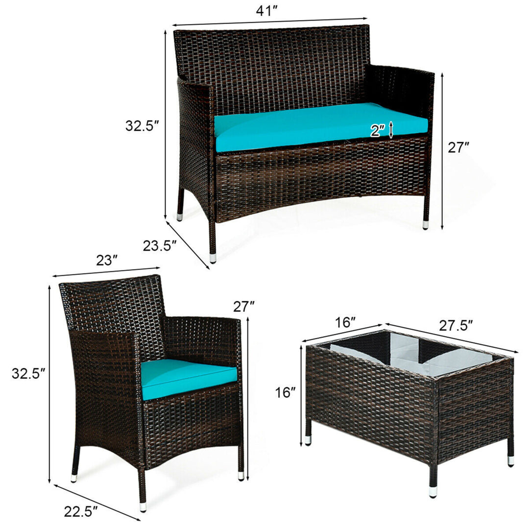 4PCS Patio Rattan Conversation Furniture Set Outdoor w/ Turquoise Cushion Image 2