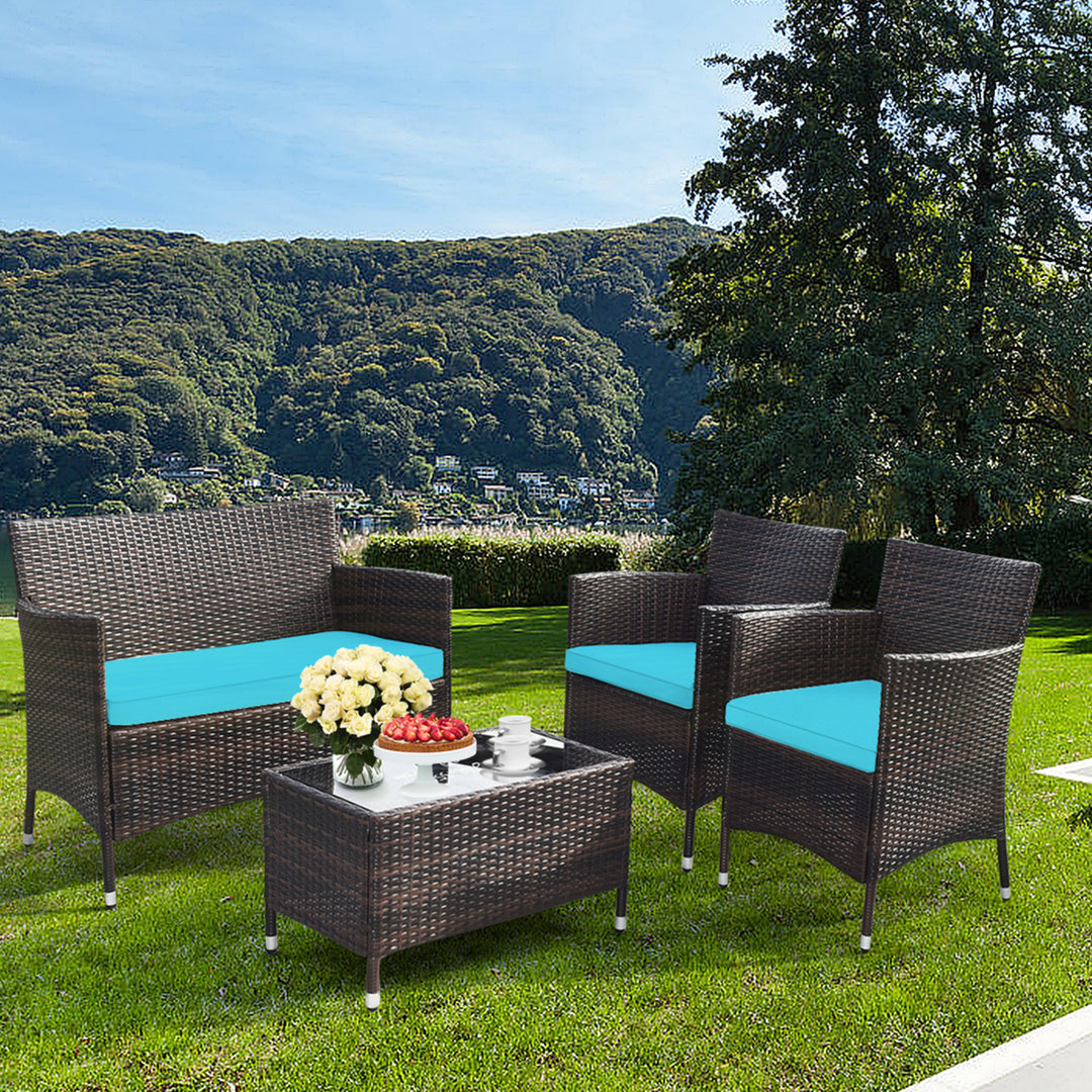 4PCS Patio Rattan Conversation Furniture Set Outdoor w/ Turquoise Cushion Image 3