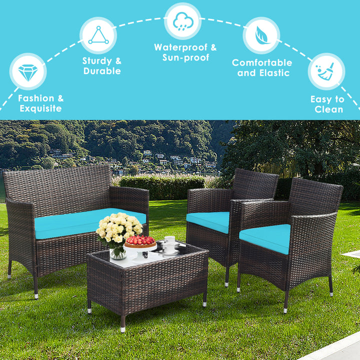 4PCS Patio Rattan Conversation Furniture Set Outdoor w/ Turquoise Cushion Image 6