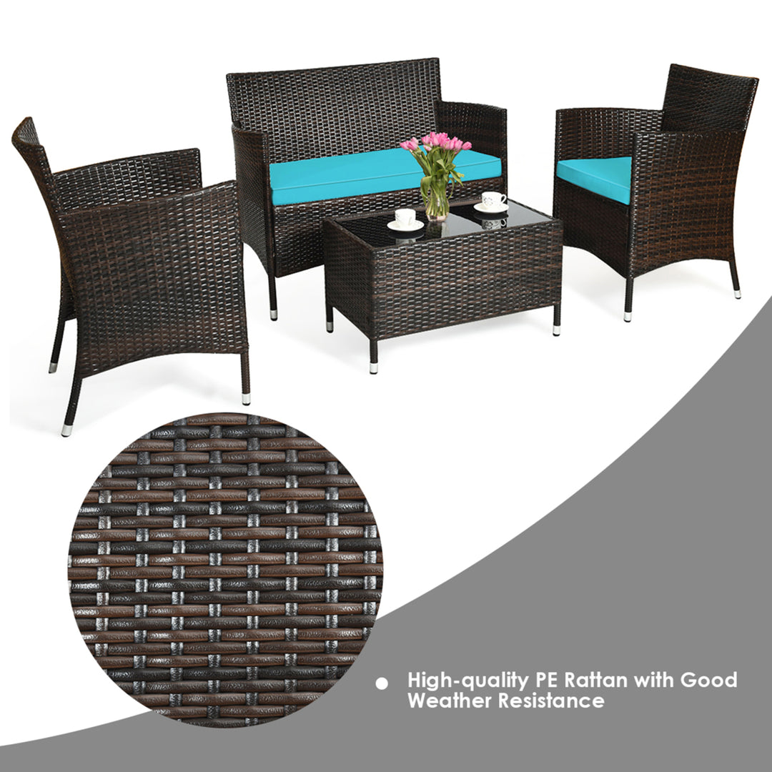 4PCS Patio Rattan Conversation Furniture Set Outdoor w/ Turquoise Cushion Image 9