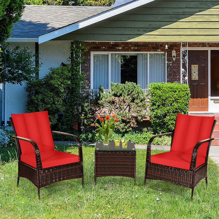 3PCS Patio Rattan Conversation Set Outdoor Furniture Set w/ Table Cushions Image 1