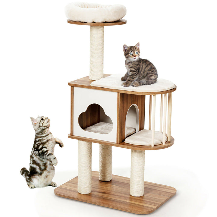 46 Modern Wooden Cat Tree with Platform and Washable Cushions for Kittens and Cats Image 1