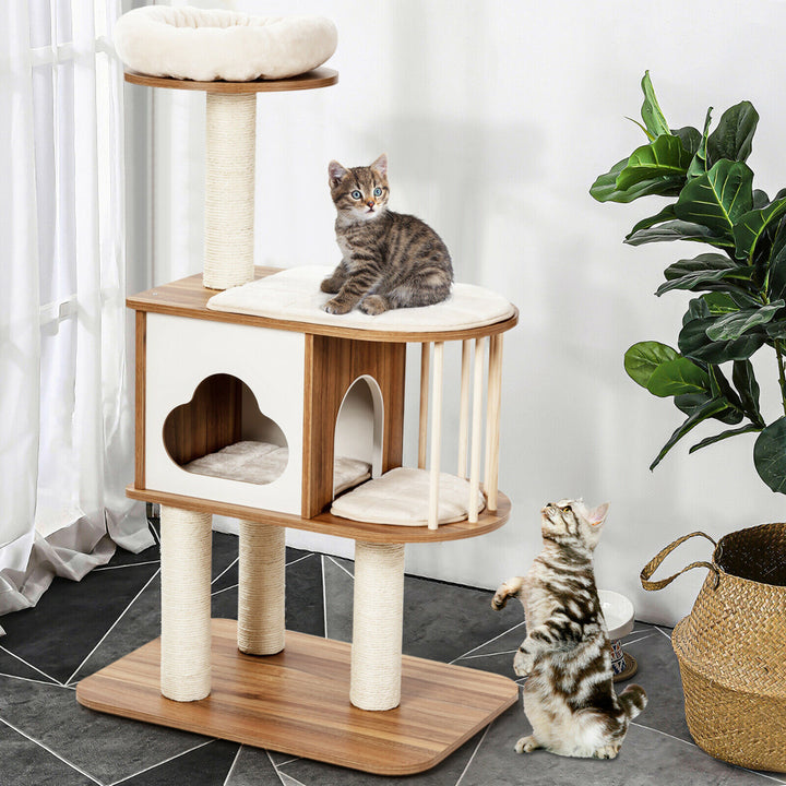 46 Modern Wooden Cat Tree with Platform and Washable Cushions for Kittens and Cats Image 3