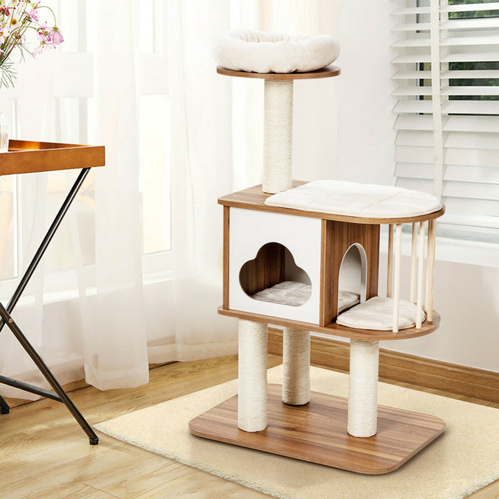 46 Modern Wooden Cat Tree with Platform and Washable Cushions for Kittens and Cats Image 4