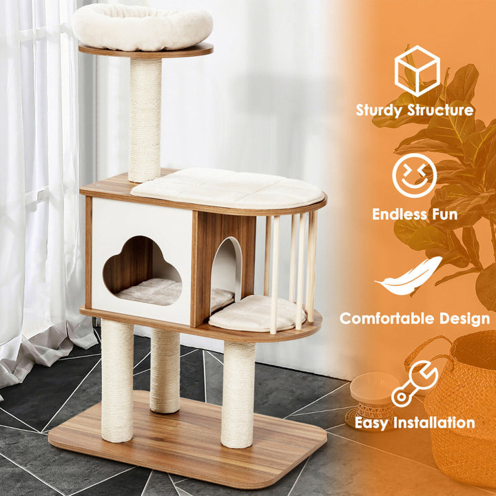 46 Modern Wooden Cat Tree with Platform and Washable Cushions for Kittens and Cats Image 7